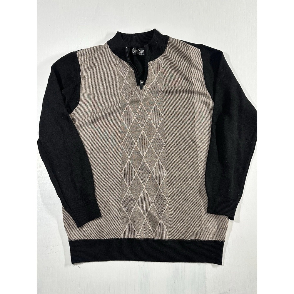 Studio by Omega Mens Pullover Sweater Black/Gray Diamond Pattern Size XL
